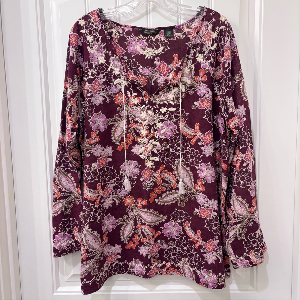 Eddie Bauer Women’s Embroidered Cotton Floral Tie-Front Women's Top Size XL